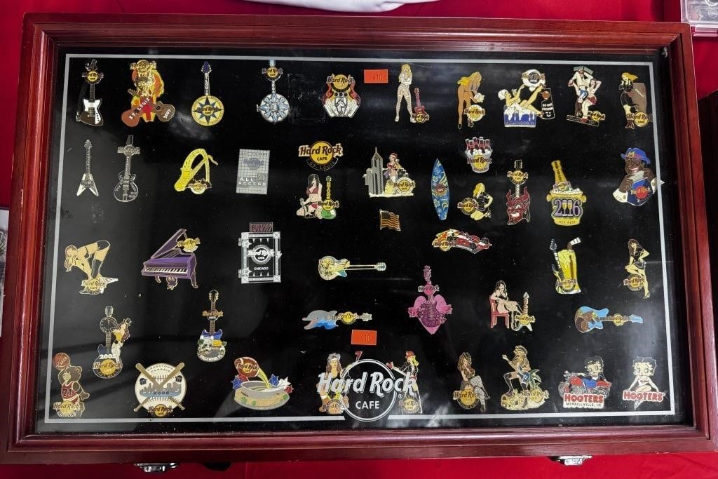 Hard Rock Cafe & Other Pins In Display Case (45)