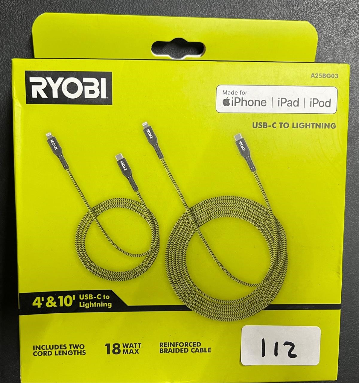 Ryobi USB-C to Lighting 4' & 10' Charging Cords