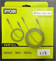 Ryobi USB-C to Lighting 4' & 10' Charging Cords
