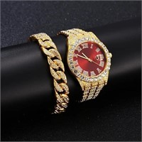 Gold Watch With Red Face AND Bracelet