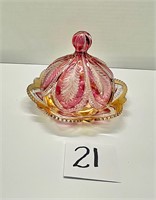 Pink/Gold Carnival Glass Dish w/ Lid
