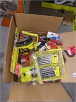Box lot of miscellaneous tools, Ryobi, Milwaukee