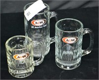 3pcs 7, 6, & 4-1/2" Root Beer Glass Mugs Oval Logo