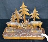 Hand Carved 16" Fighting Elk Stags Figure