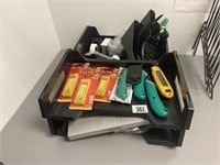 2 baskets of office miscellaneous. Knives,