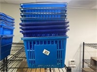 8 blue, plastic shopping baskets with wire