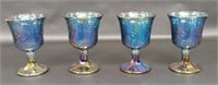 Set of Four Vintage Blue Carnival Glass Glasses