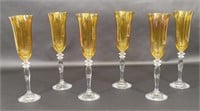 Set of Six Amber Crystal Champagne Flutes