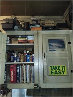 All contents in Cabinet & tools on wall in pitcher
