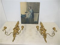 ANTIQUE WOOD CANDLE SCONCES & PRINT