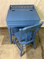 Painted Blue Wooden Lift Top Desk and Chair