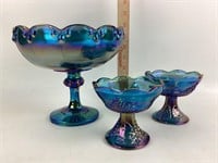 Blue carnival glass footed dish and footed