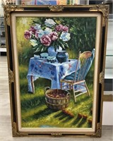 Large Oil on Canvas Floral Picnic Framed Art.