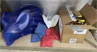 CORN HOLE BAGS, PING PONG SET AND HELMET LOT