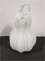 Hand Blown Glass Gourd White with Clear Stem 9”