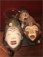 3 CARVED WOODEN MASKS, GLASS BOWL AND