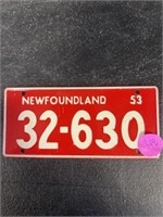 1953 NEW FOUNDLAND 32-630 BICYCLE LICENSE PLATE