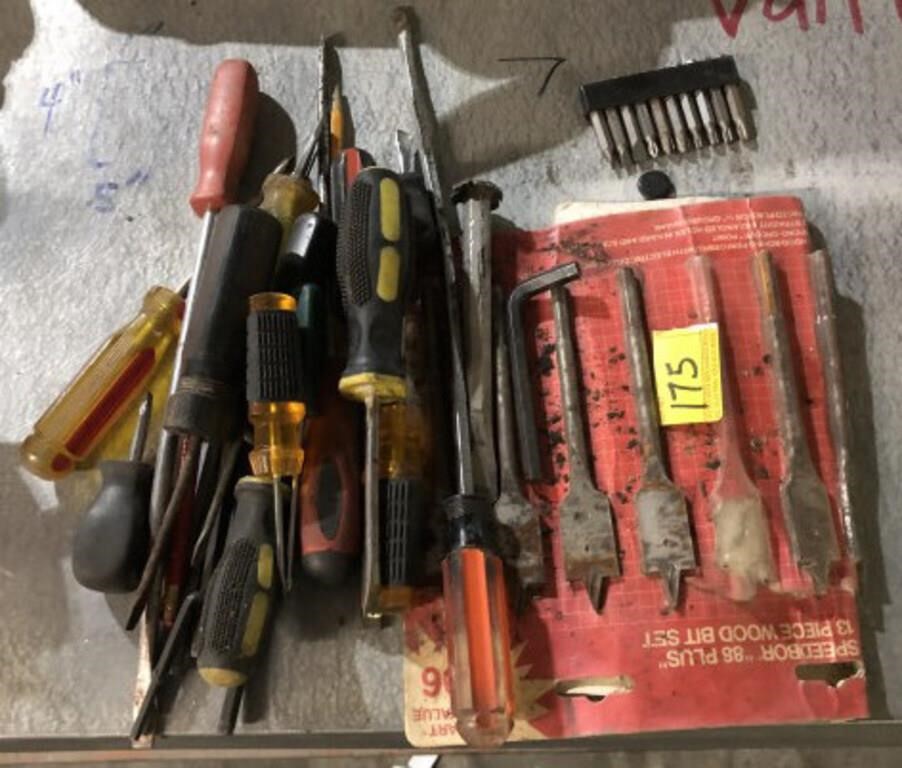 ASSORTED SCREW DRIVERS AND DRILL BITS