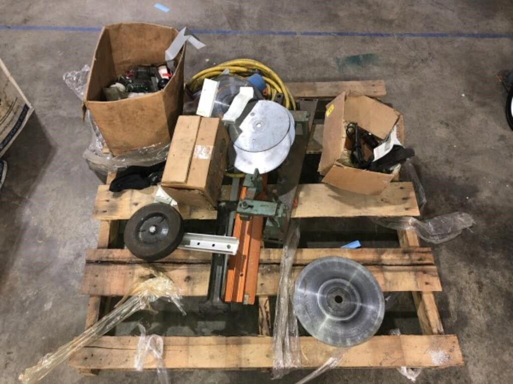 PALLET OF SAW BLADES, WATER HOSE, ETC.