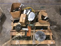 PALLET OF SAW BLADES, WATER HOSE, ETC.