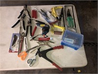 ASSORTED HAND TOOLS: TIN SNIPS, SAWS, ETC.