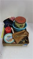 assorted coin purses and household items
