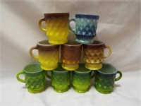 Green, Blue, brown and yellow Fire-King mugs
