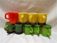 Red, Green, and Yellow/Brown Fire-King mugs
