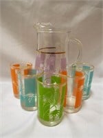 striped floral glass pitcher and glasses