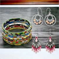 Cloisonné Stackable Bangle Set & Pearl Earrings