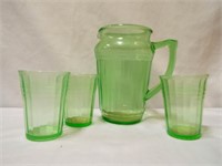 Green Uranium Glass Pitcher & (3) Juice Glasses