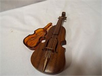 Amber Glass Violin Trinket Dish & Wooden Mini