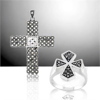 Elegant Cross & Marcasite Sterling Silver Set