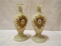Pair of Vintage Milk Glass Vases with Gold