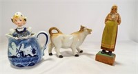 Wooden Hand Carved Woman - Cow Creamer &
