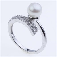 Pearl & White Zircon Bypass Ring - Size 7.5