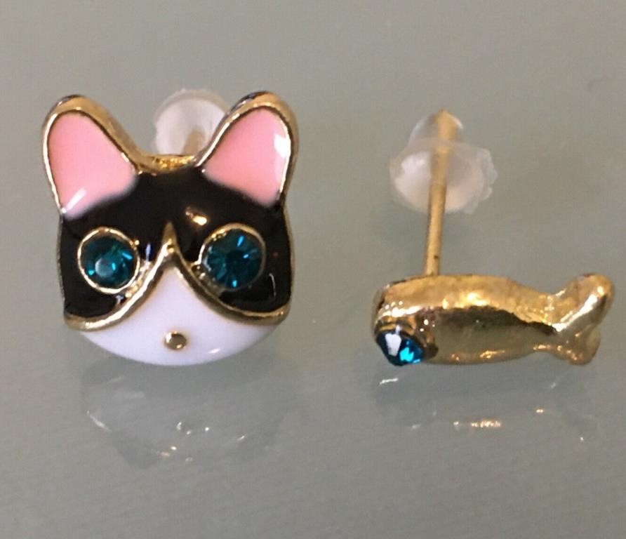 3 CAT & FISH STUD EARRINGS BLUE RHINESTONE EYES