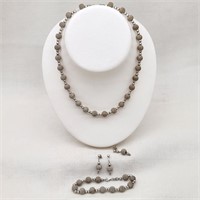 Silver Bead Necklace Bracelet & Earrings