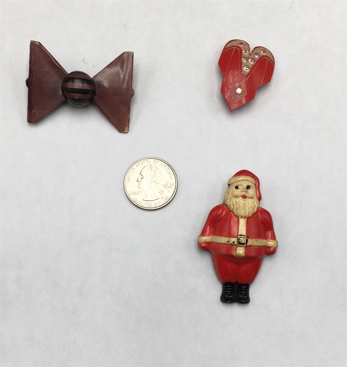 3 Antique Celluloid Pieces, Santa, Bowtie, Red Pin