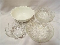 Vintage Milk Glass Serving Bowl & (3) Crystal