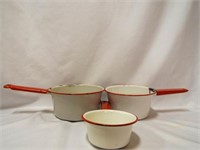 (3) Red & White Enamelware Saucepans CHIPPED