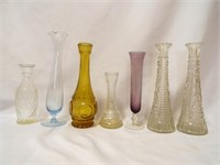 (7) Glass Vases (1) Amber (1) Light Blue Glass &
