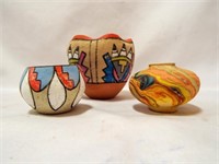 (3) Native American Clay Pots Hand Painted