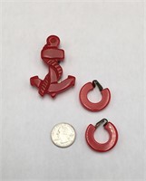 Carved Red Bakelite Anchor and Red Hoop Ear Clips
