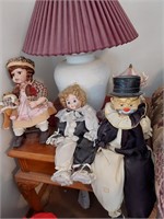 Lamp, Dolls, Clown Dolls & End Table