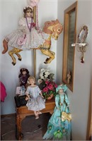End Table, carousel horse dolls & more