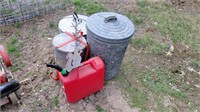 trash cans, squirrel feeder, gas can