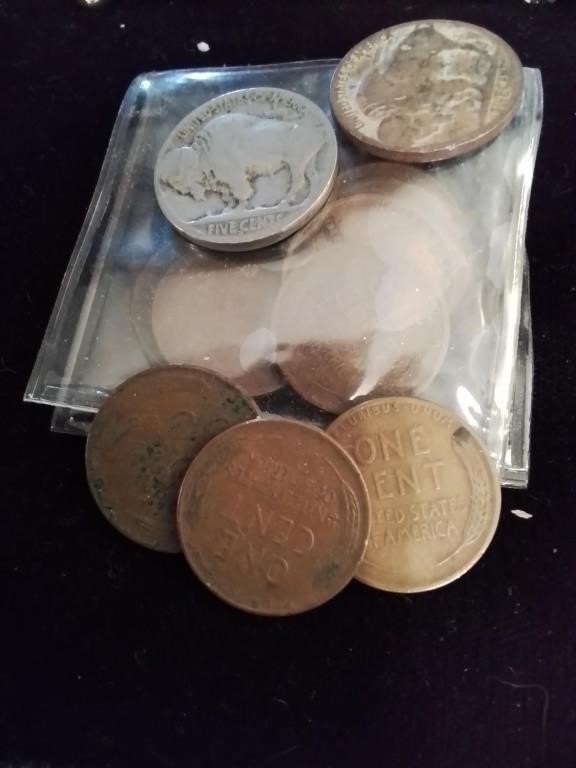 Group of old coins including a bufalo low nickel