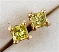 14K Natural Yellow Diamond Princess Cut Earrings
