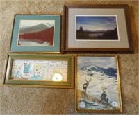 4 framed pictures, mountain pics & comic strip